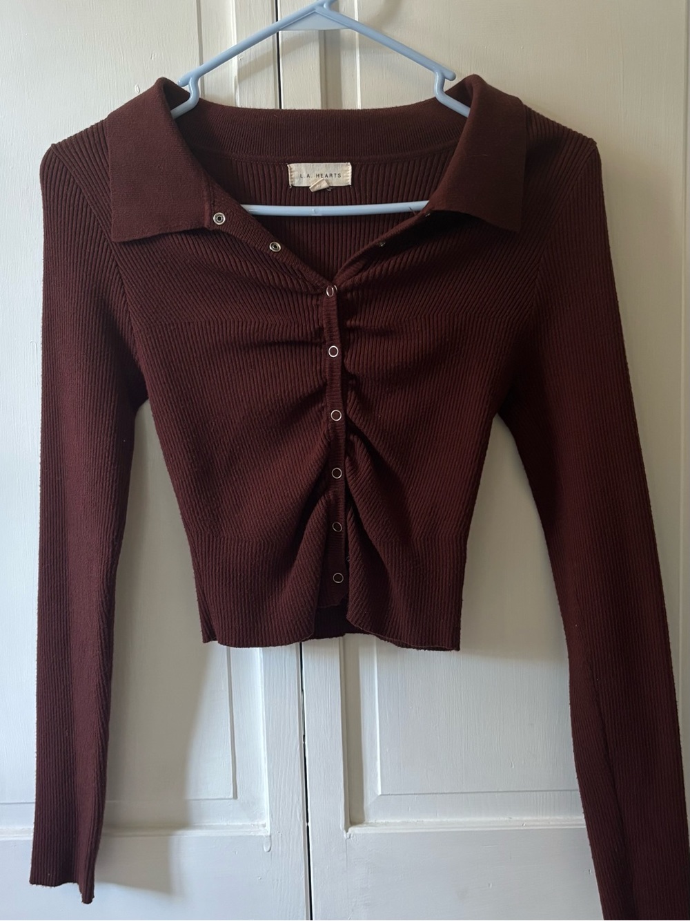 Brown Ribbed Button-Front Collared Long Sleeve Top